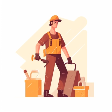 vector design, image the builder works with tools, flat illustration, clipart, white background, soft gradient transition, in the style of warm color palette, natural pastel colors,in yellow and brown and light burgundy colors, uniformly staged images, editorial illustrations