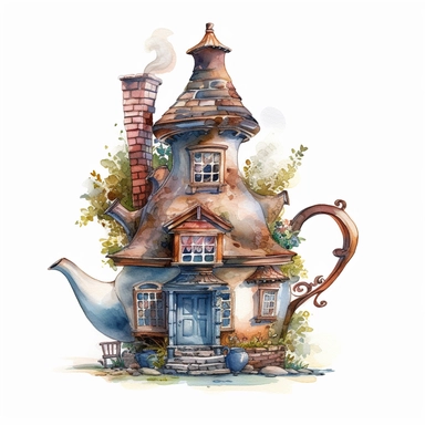 a Teapot House watercolor Clipart sublimation clipart graphic, full body, clipart, sticker, a single picture, cartoon style, highly detailed, 8k, one image in the frame--no text in the picture--