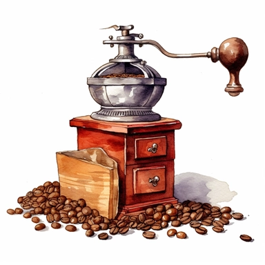 A vintage coffee grinder with a pile of freshly ground coffee beans next to it. ( Watercolor clipart, white background, no text. )