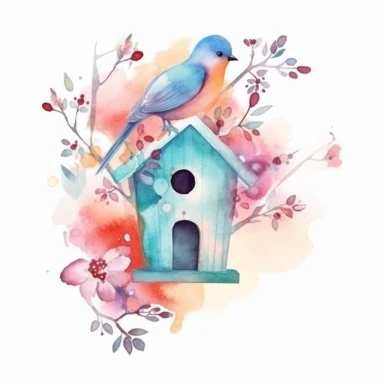 Vector clipart, isolated on white background, beautiful lovely Watercolor Spring wooden bird house hanging on the blue bloming tree, ornated, pastel and saturated colors