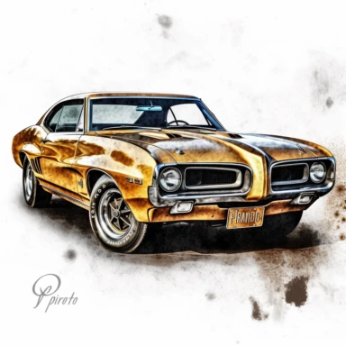 Embrace the iconic style of a Pontiac GTO in a classic American muscle car clipart composed in large ink blocks, paying homage to the golden age of automotive excellence. In HD on a white background.