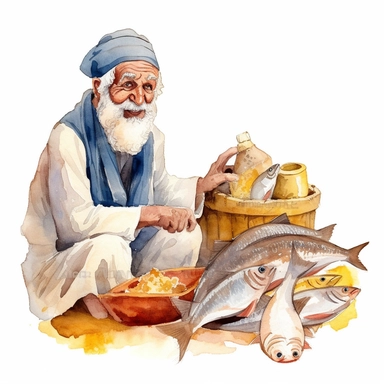 an happy old man selling fish in the market, ancient egipht, clipart, watercolor, no lettering, no image noise, white background