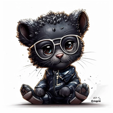 kawaii adorable fantasy baby black panther wearing cute glasses, nursery art, clipart image, line art image, white background, inspired by yoshitaka amano art, very detailed, 8k