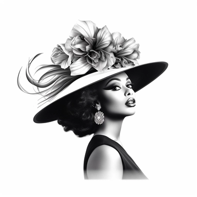 Gorgeous African American Woman, Wearing A Big Hat With A Beautful Flowers On Them, Black And White Clipart, HD, White Background
