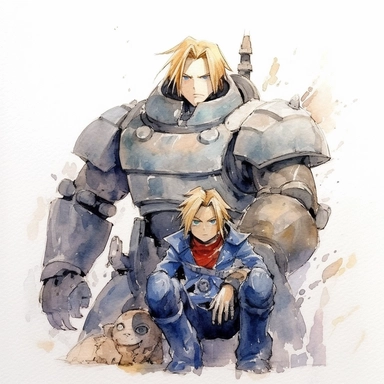 Watercolor fullmetal alchemist brotherhood, high quality, high details, pencil draw style, white backgroun, clipart, 8k, f1