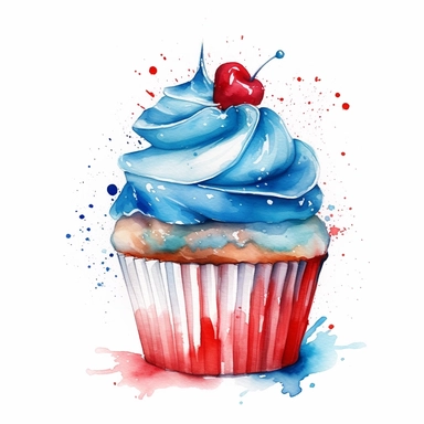 cup cake, bright blue, white, red color, amazing watercolor clipart, ultra realistic, bright color, hd, independents day, patriotic usa
