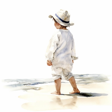 charming, beautifull little boy in white clothes stand on the beach, watercolor by mary whyte, romantism, clear line, white solid background, clipart, side or back view