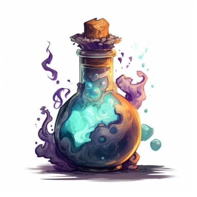 magical potion bottle, magical and mystical, video game style, clean and crisp, clipart, illustration, alchemical, smoke and embelishments, wizards potions, isolated on white background
