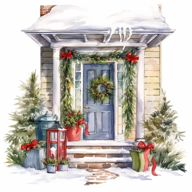 vector watercolor cute Christmas porch clipart on white background, holiday Christmas porch, photorealistic, ultrarealistic, no background, on white