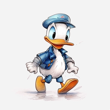 cartoon watercolor cute donald duck walking, very detailed, clipart, modern style, white background, 8k