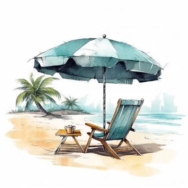 beach chair on the beach, next to beach umbrella, leaning coconut trees, beautiful beach background, watercolor styles, high quality, solated on Sublimation Clipart,hyper realistic, intricate detail, illustration style,high solution,on the white background