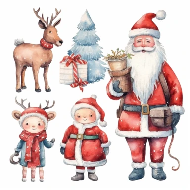 Watercolor Christmas Snowman Santa Mrs. Claus Reindeer Clipart