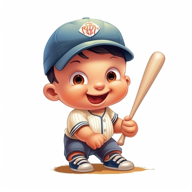 cartoon baseball player as a cute smiling baby, heavy lines, clip art, soft colours