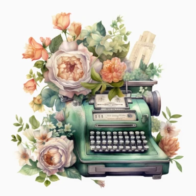 a watercolor enchanted old and used 1900 cash register profil view, enchanted collector's item surrounded by an arrangement of a number of dramatic extravagant saturated digital green 3D origami giant peonies, in the style of large-scale photography, lush detailing, watercolor style, pastel colors, playfully intricate, made of flowers, bloomcore, clipart, transparent png background