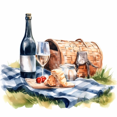 a champagne bottle and glasses next to it on a picnic blanket ,watercolor sketch, clipart, white background
