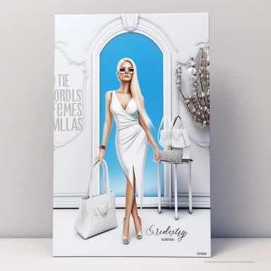 full view, clipart illustration, beautiful blonde lady posing dressed in white bodycon dress, standing in beautiful room with designer clothes on clothes rack and shopping bag, sharp focus, high detail, 8k, photo realistic, transparent background, (--iw 5)