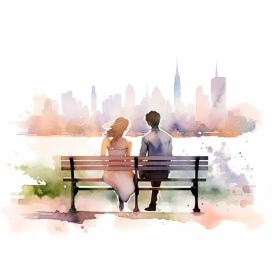 Create a watercolor clipart of a bride and groom sitting together on a park bench, with a city skyline in the distance. No Background