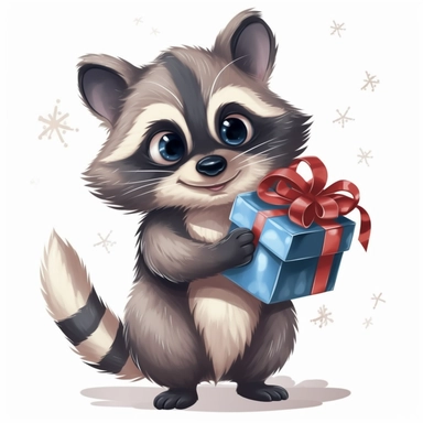 a raccoon holding a christmas gift on a white background, clip art vector, funny, hyperealistic, full hd