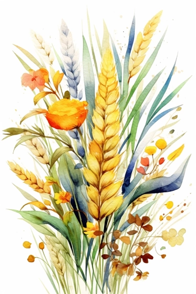 watercolor different grasses and cereal plants, solid background, clipart