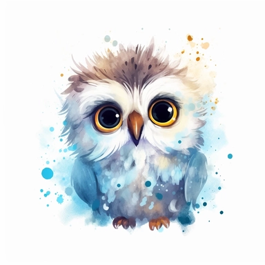 a whimsical watercolor clipart image with a white background, portraying a baby owl with big, expressive eyes and a small beak, its fluffy feathers and curious demeanor reflecting the adorable nature of kawaii baby birds.