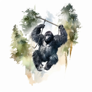 realistic watercolor gorilla swinging between trees in the forest on solid white background, clipart