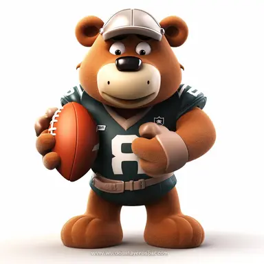 please create pixar style character clipart of an bear dressed like a football player, with football helmet and a holding a football ball, front view with arm out pointing, head turned staring front view