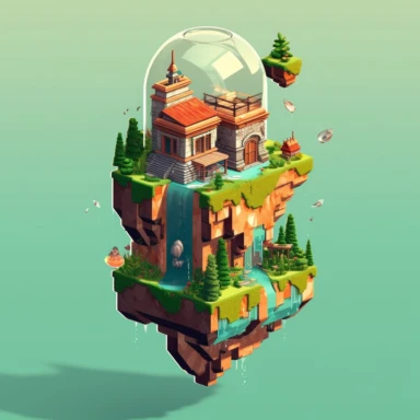 isometric voxel art of multiple floating mountains with vines hanging from them with houses on top, inside of a jar with lid on, plain background, clipart