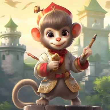 A monkey dressed like Robin Hood,charmingly feminine,Necklace, Earring,hair clip, red hat,Sword in hand,Silver decoration, funny,smile,laughing, big eyes,cute, Q version，lovely, Castle background,Castle background,full body,in the style of realistic fantasy artwork, Surrealism,textured skin,UHD, super detail,