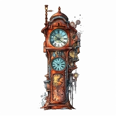 a steampunk grandfather clock, clipart, watercolor, isolated on white background