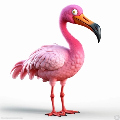 clipart of a crazy pink flamingo, there is a funny face on it, long skinny legs, cartoon, for kids, funny, pixar, 8k, white background, sharp focus, detailed,