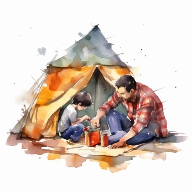 Father and child building a fort or playing in a blanket fort, water color style, clipart, white background