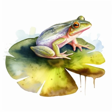 watercolor painting on textured paper realism of a frog on Lilly pad white background clipart