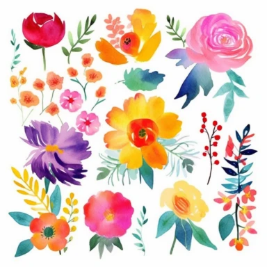 watercolor Floral Clip Art - Vibrant and Bold / Hand Painted / Bohemian / Summer - Offer a set of watercolor floral clip art in a bright and bold color scheme, with a focus on bohemian-style floral designs that would work well for summer-themed projects such as posters, flyers, or social media graphics., spring clipart, single design, 8k