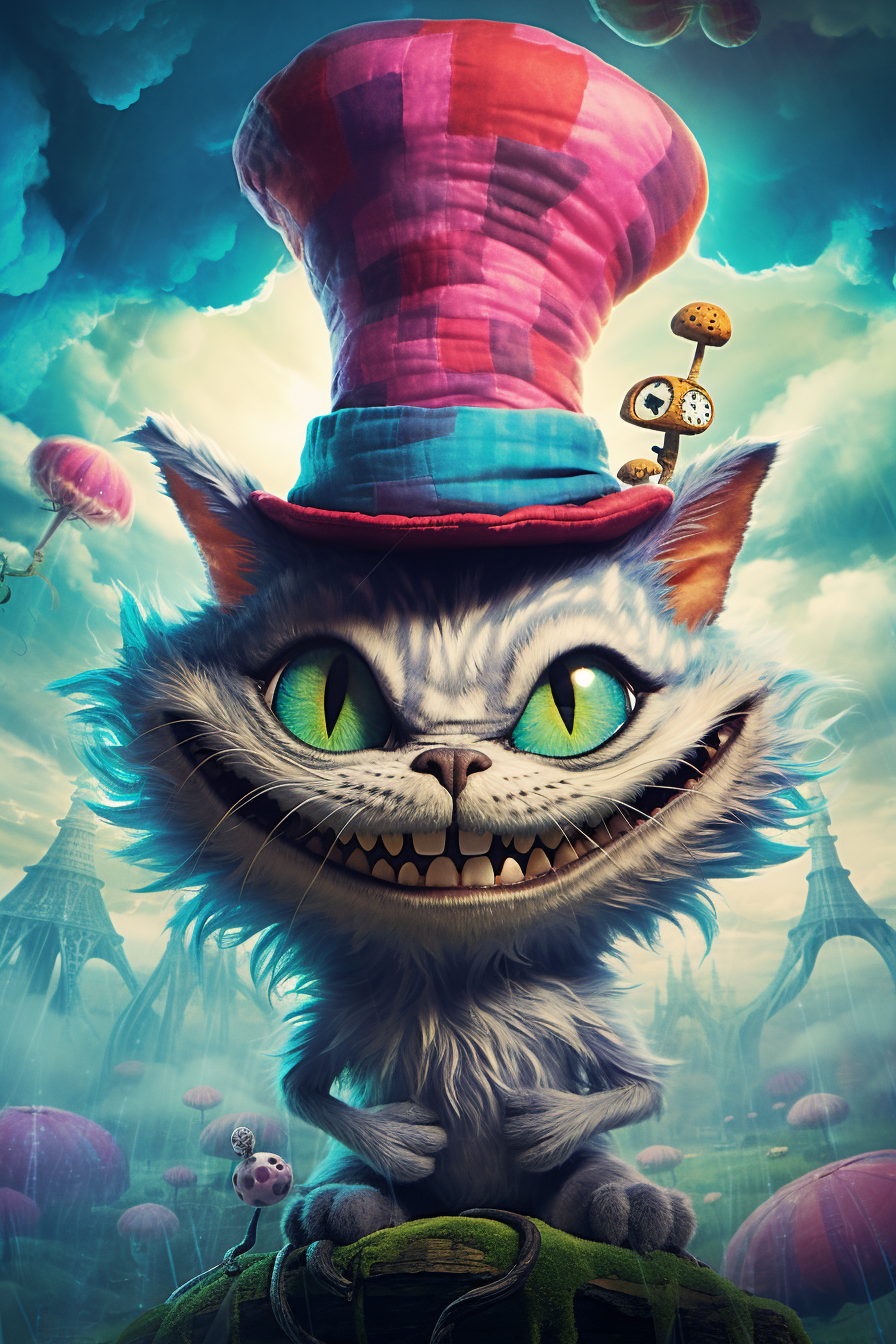 SURREAL cartoon cheshire cat with his huge grin is painted in many ...