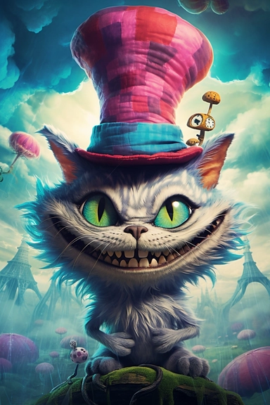 SURREAL cartoon cheshire cat with his huge grin is painted in many colors,, stormy clouds in the background with large head big eyes, huge eyeglasses, wearing pointed hat , swirling colors, intricately textured, highly detailed foliage, airbrushing, layer