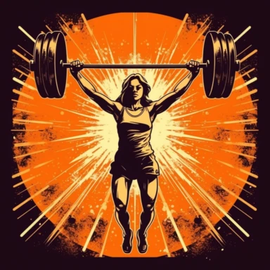 T shirt design, female olympic weightlifting lifting the barbell above head, gym, equipment, lights, clipart