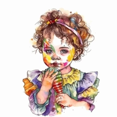mardi gras, cute toddler girl wearring carnival mask, kaluta art style, pen and ink watercolor clipart,isolated on white background