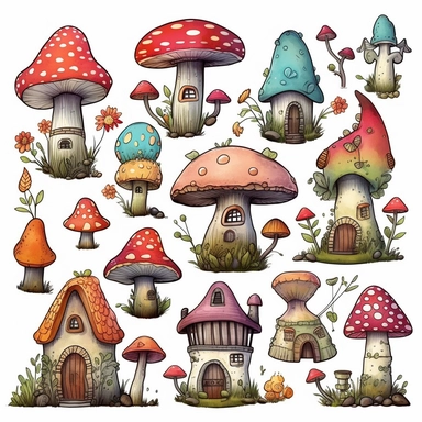 Create a collection of clipart featuring a magical world filled with enchanted mushrooms and whimsical creatures. Draw towering mushrooms with glowing caps, and tiny fairy-like creatures flitting around them. Use a white background and separate each element so they can be easily incorporated into any project. Add other fantasy elements such as castles, dragons, and unicorns to complete the scene. Let your imagination run wild with colors and details, bringing your mystical world to life.