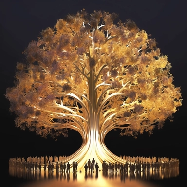 A clip art style image of a golden silver tree under its vast crown illustrates the different shadows of incarnations of different ages and backgrounds participating in conversations and social activities, general shot, 3d, game engine, creative 96% best artificial intelligence metaphysical work