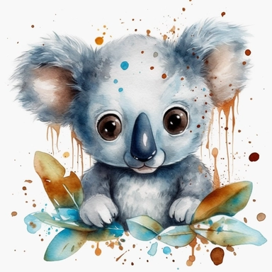 The most cutest cartoon baby koala with big open eyes, clipart, watercolor, dream art, baby animals, vector art, children art, particles around the object, children cartoon, sticker art design, white background,