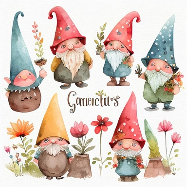 watercolor, clipart set isolate, Garden Gnomes: Clipart illustrations of adorable garden gnomes with pointy hats and cheerful expressions, adding a whimsical touch to your designs.