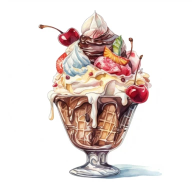 Watercolour of a Ice Cream sundae, Clipart,Cartoon,hyper realistic, intricate detail isolated on a white background, high quality, sublimation, detailed, cartoon style