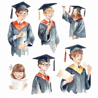 watercolor graduation ceremony related scenes, illustrations clipart set, simple, , cartoon elements ,different variants , separate elements with a margin, ,4k, high resolution