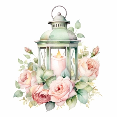 Watercolor old style antique pale green lantern, PNG clipart, Magic garden, Fairy tale lantern with pastel colours english roses, super cute