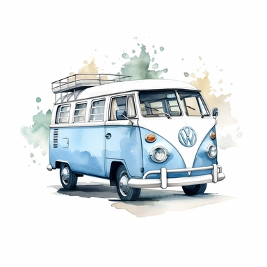 vw caravan car clipart, pastel baby blue color, watercolor design, hd