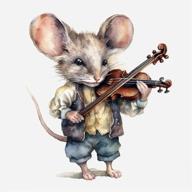 adorable Mouse playing the fiddle, watercolor clipart fantasy magic, old-world clipart