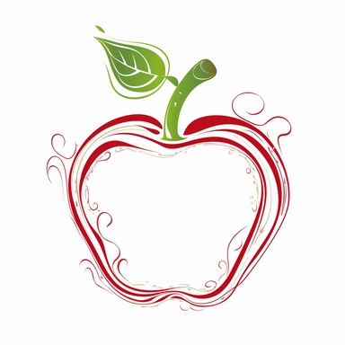 decorative red outline of an apple with a stem and a single green leaf, with flourishes, white space for copy inside, clipart, isolated on a white background
