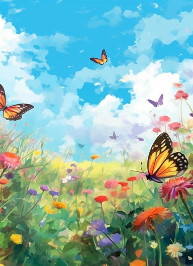 butterflies on a flower field, in the style of 2d game art, nostalgic paintings, 32k uhd, colorful dreamy watercolor scenes, adventure pulp, classical, historical genre scenes, rough-edged 2d animation, watercolor clipart