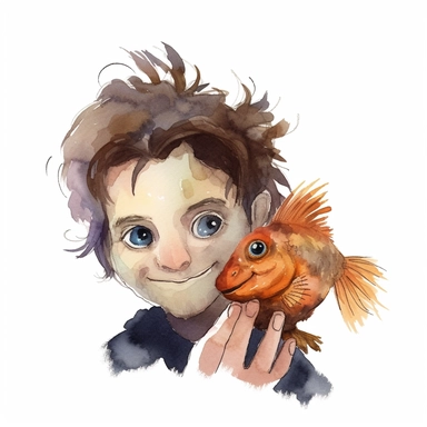 Adorable pet Blenny having happy moment with it's human owner, water color style, clipart, white background