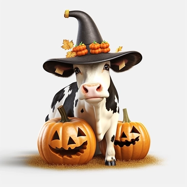 3D super realistic halloween Holstein Cow with a witch's hat on his head among pumpkins clipart